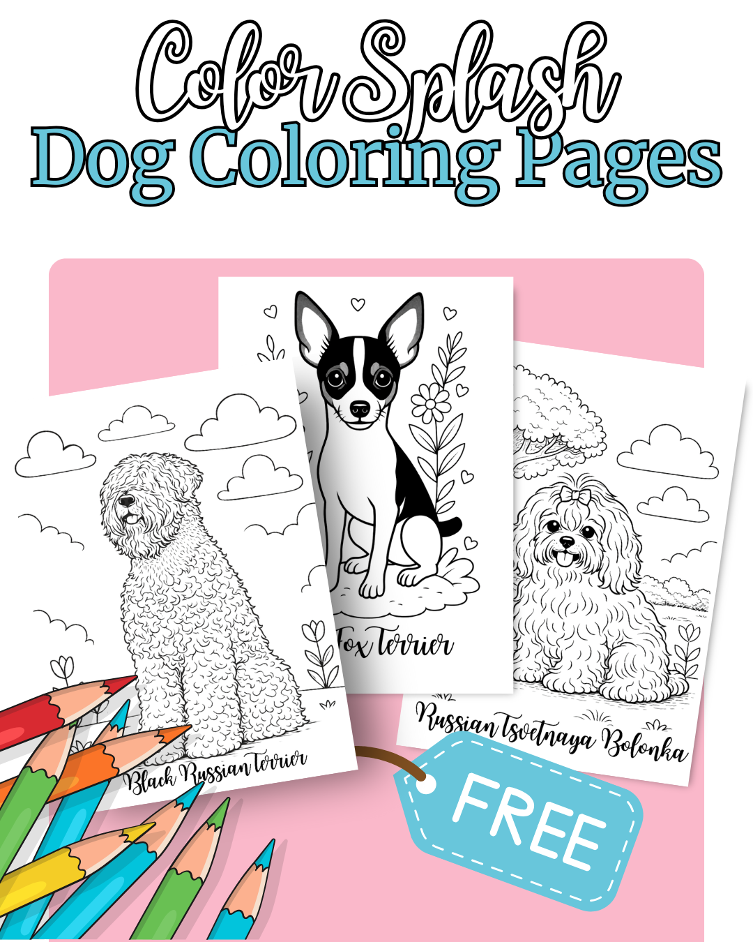 Free printable dog breed coloring pages featuring a Black Russian Terrier, Toy Fox Terrier, and Russian Tsvetnaya Bolonka. Fun and educational for kids and dog lovers.