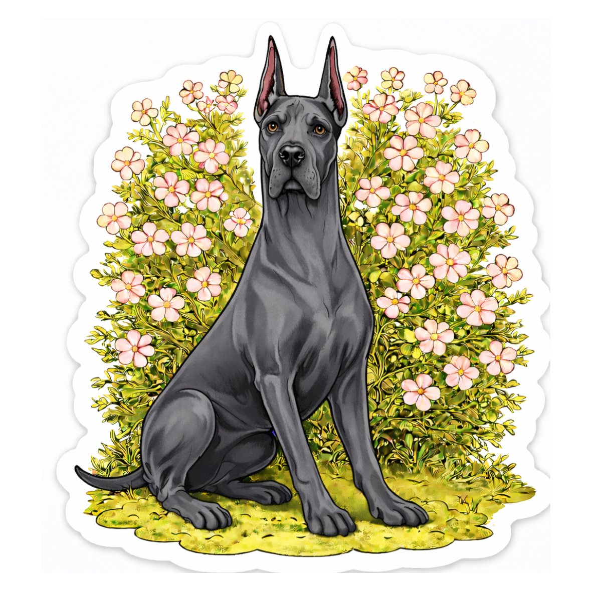 Elegant gray Great Dane sticker with cropped ears, sitting in front of pink flower bushes on green grass. Illustrated in a realistic cartoon style, perfect for dog lovers and Great Dane enthusiasts.