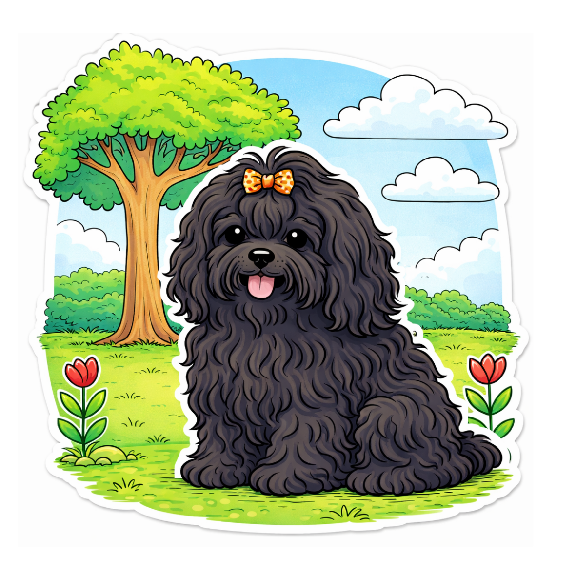 Cute cartoon-style Black Russian Tsvetnaya Bolonka dog sticker with a bow, sitting in a sunny park with trees, tulips, and clouds in the background. Perfect for dog lovers and breed enthusiasts.