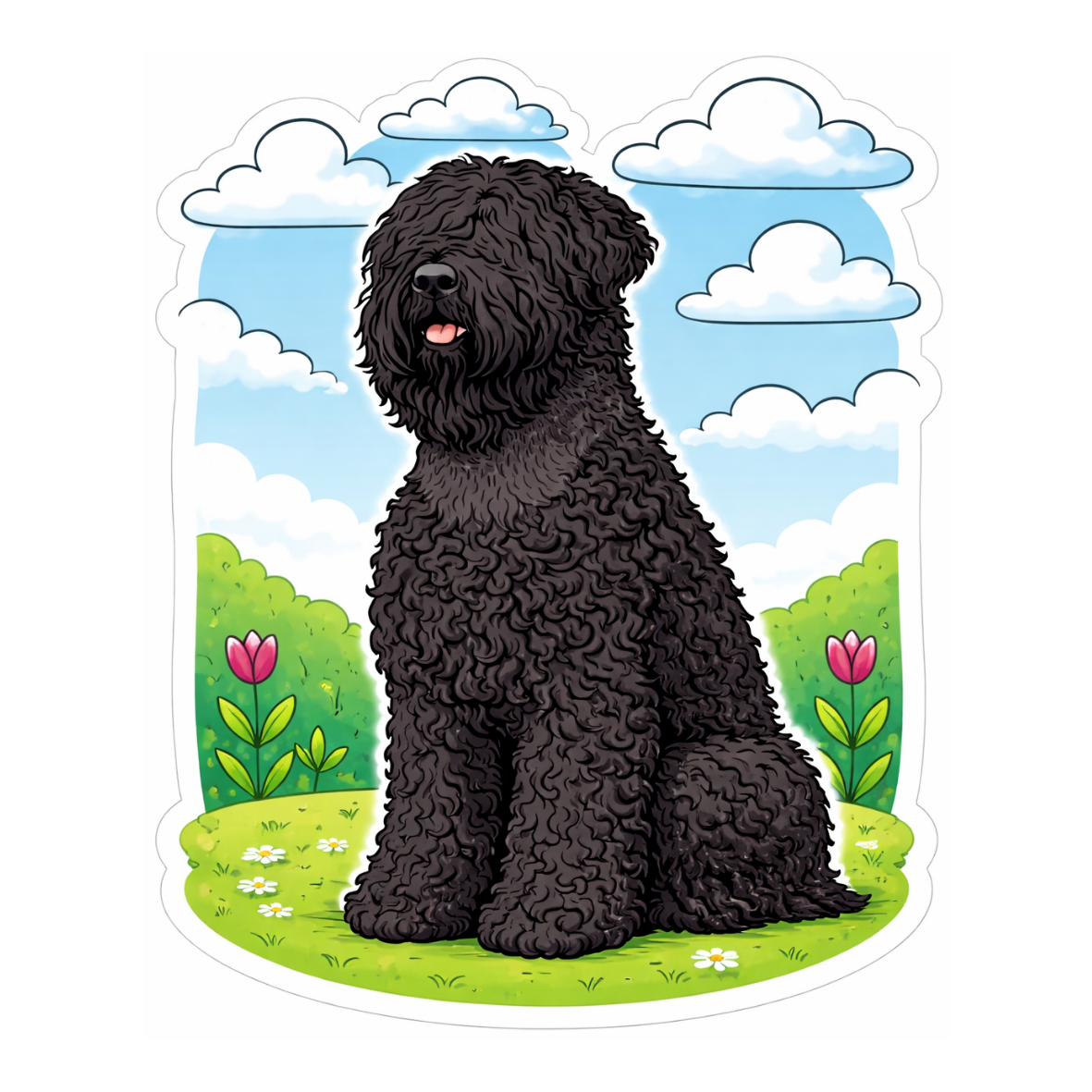 Cartoon-style Black Russian Terrier sticker featuring a large black curly-coated dog sitting in a grassy field with tulips, white flowers, and a bright sky with fluffy clouds. Ideal for working dog lovers and BRT fans.